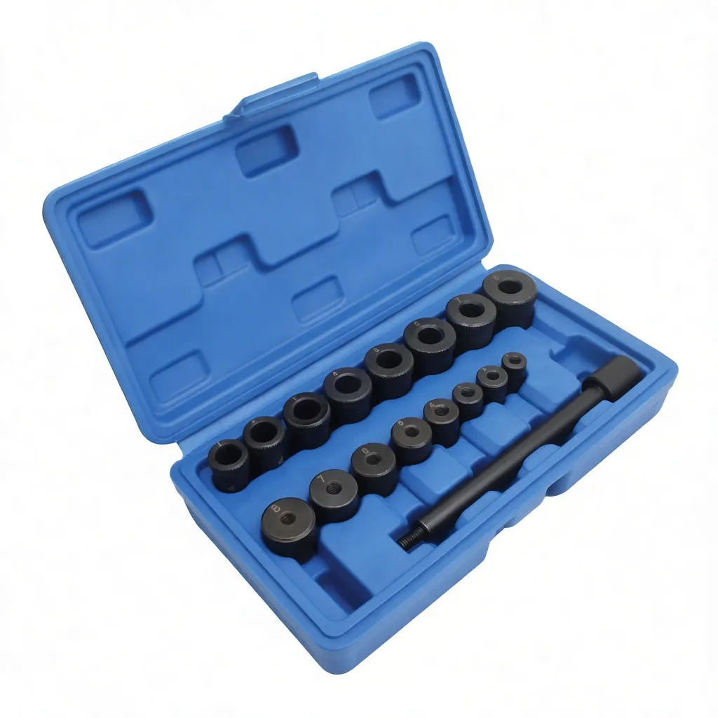 Angled shot of blue case with clutch alignment adapters and long alignment rod inside, adapter numbers visible.