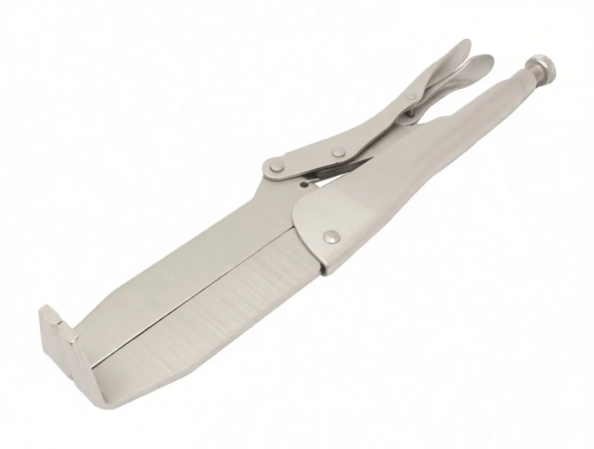view from handle end of clutch basket plier showing curved grips, knurled adjustment screw and open L-shaped jaws