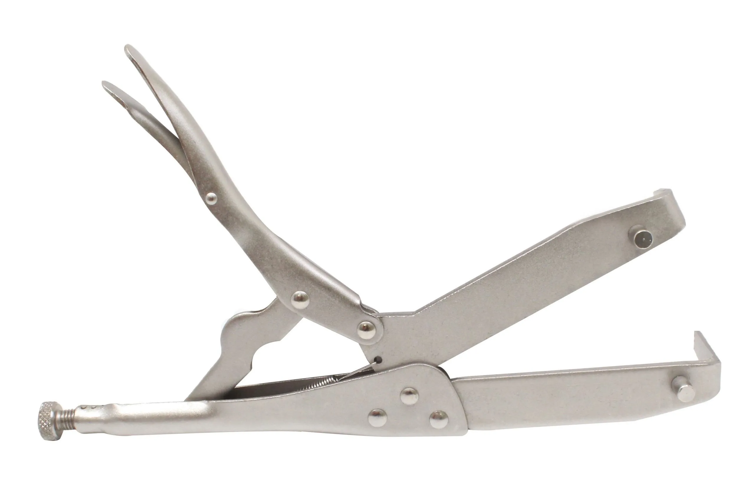 side profile of open locking plier showing curved handles, release lever, spring and L-shaped jaws