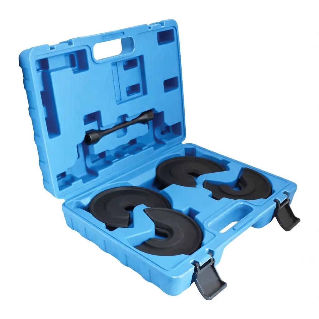 Angled view of open blue tool case with four black notched spring cups in the tray and two black metal rods in the lid, with printed text on the rod.