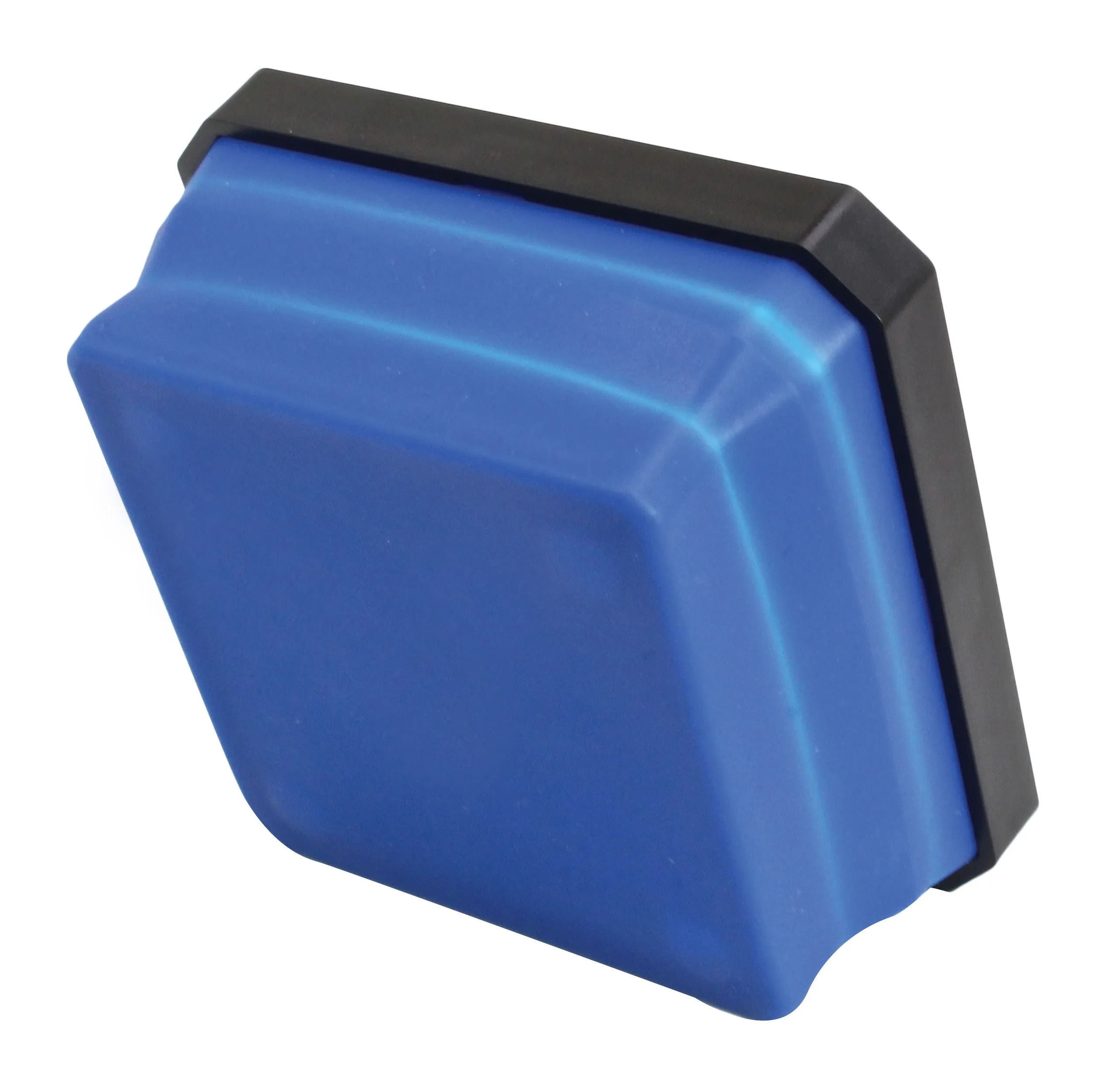 Collapsed compact blue silicone parts tray showing smooth exterior and black rim