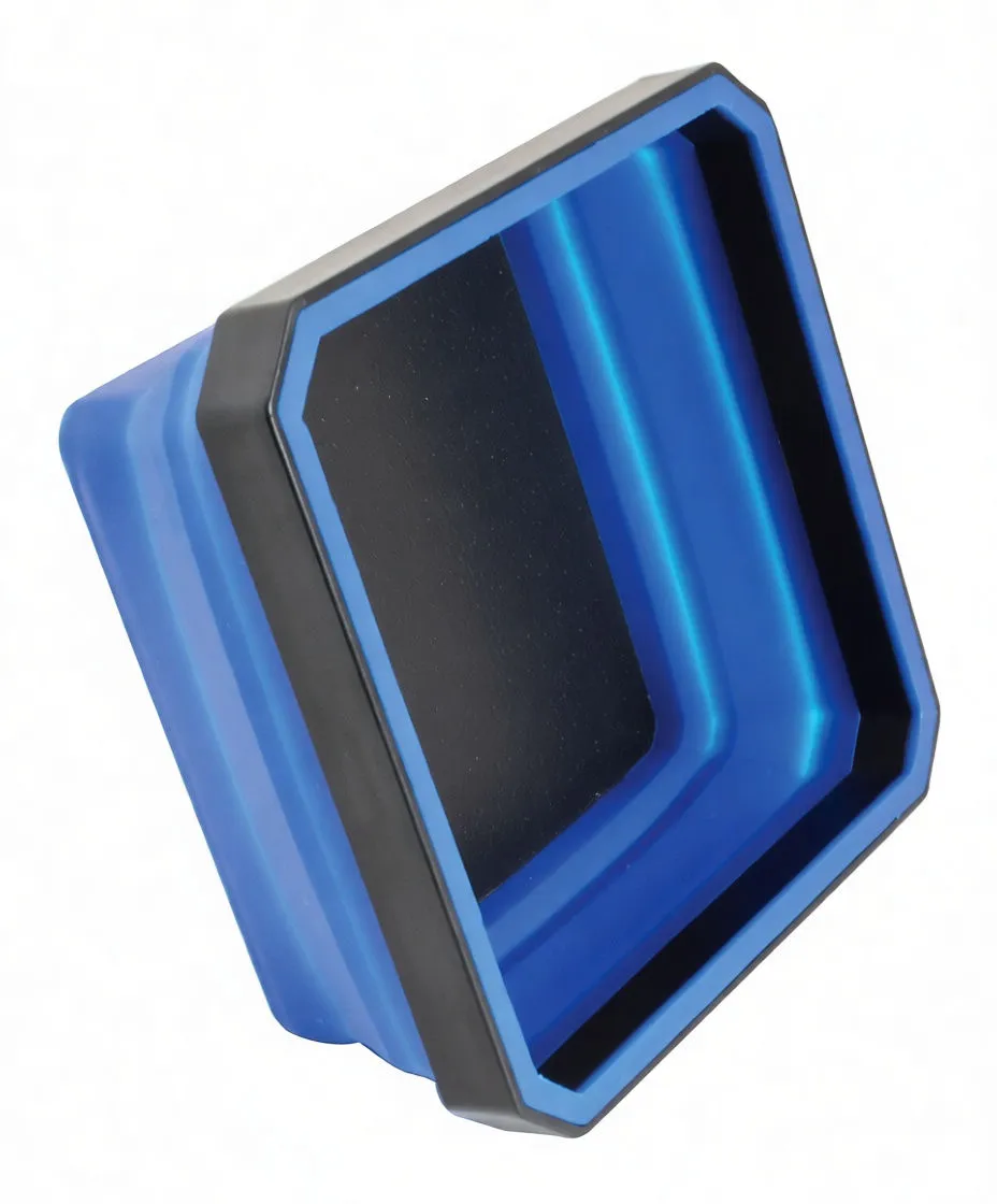 Top view of expanded blue silicone magnetic tray with saTra S-EC110M printed on base