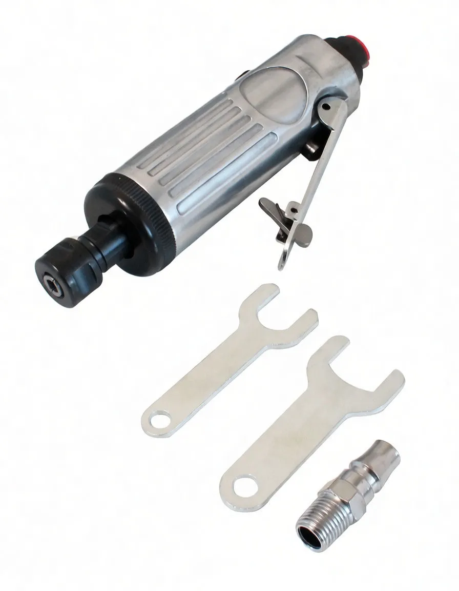 Close angled view of collet chuck front, lever, wrenches and air fitting on white