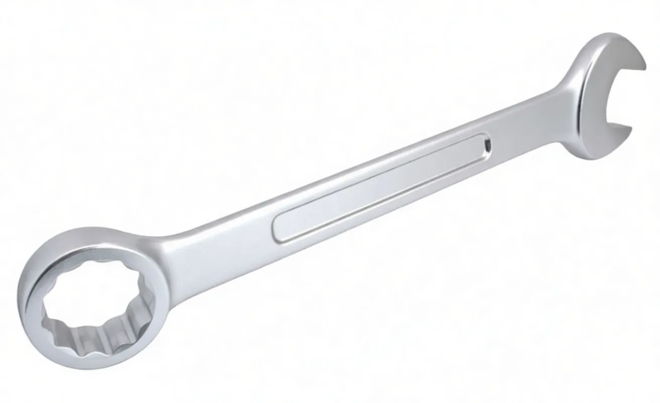 Perspective view of spanner with 12-point ring end close-up and open end visible in background