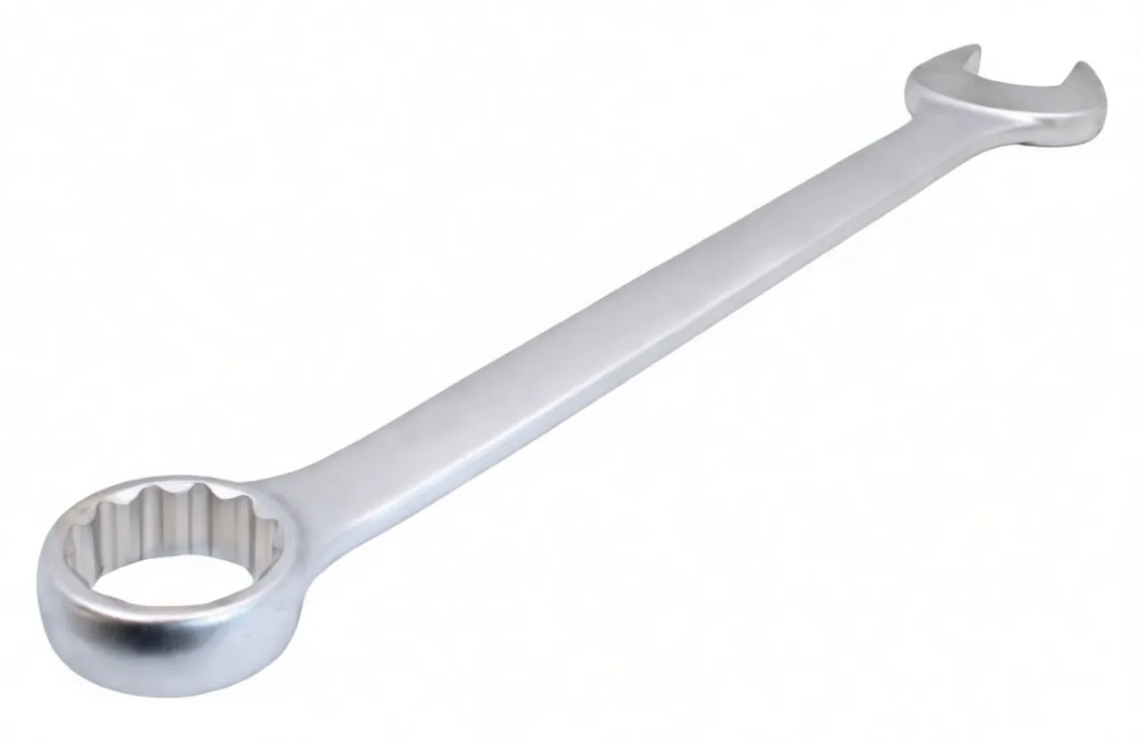 Side profile of combination spanner laid flat showing open jaw, straight handle with embossed brand marking, and multi-point ring end.