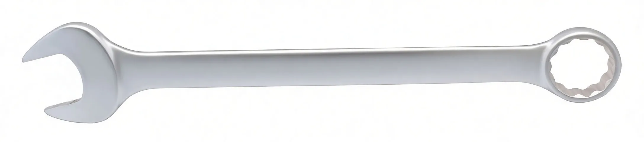 Long combination spanner viewed diagonally with the ring end prominent and the open end visible at the far end