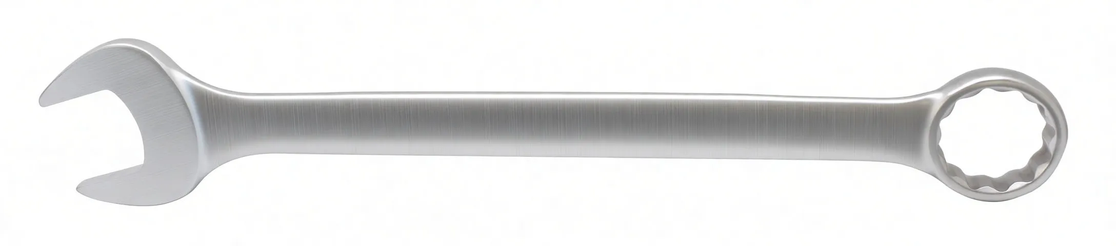 Full-length top view of combination ring and open-end spanner showing both ends and handle markings