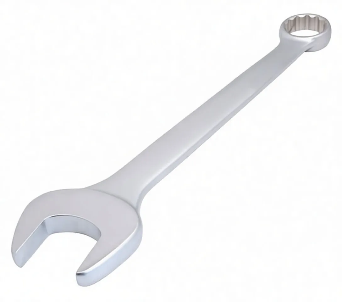 Angled shot of combination spanner showing open jaw close-up and ring end in background