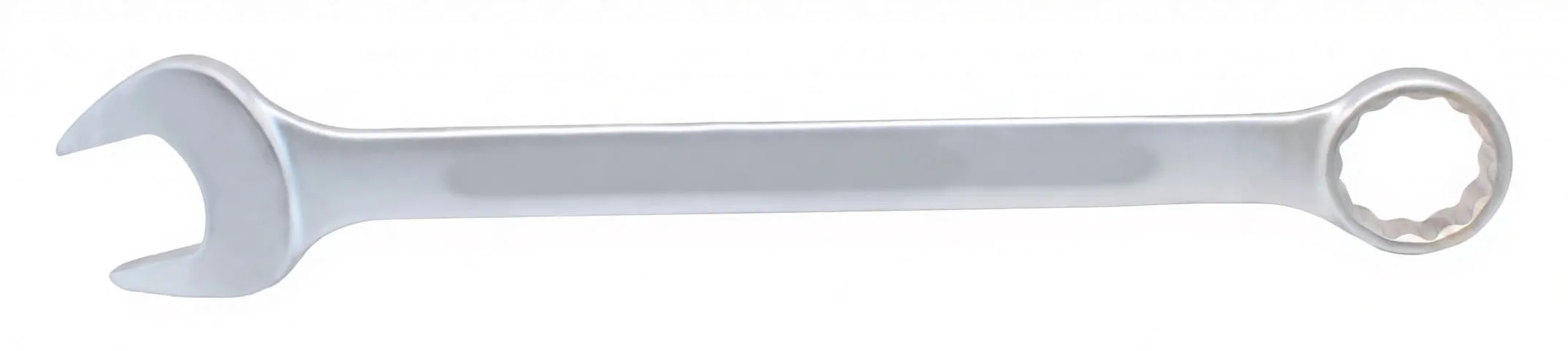 Top-down full view of a combination spanner showing open jaws on one side and a 12-point ring on the other with stamped marking on the handle