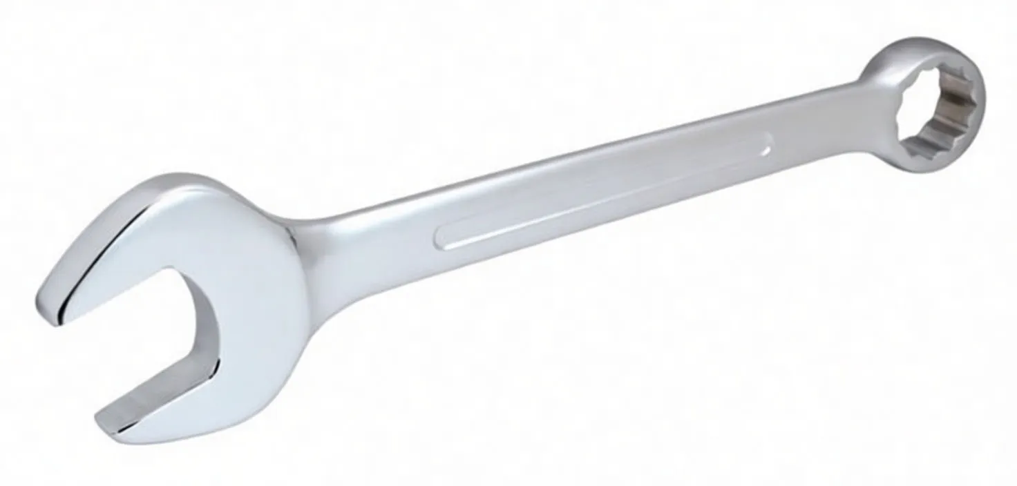 Full-length view of a chrome combination ring and open-end spanner showing the open end up close and the 12-point ring end at the far end, long flat shank with faint stamping.