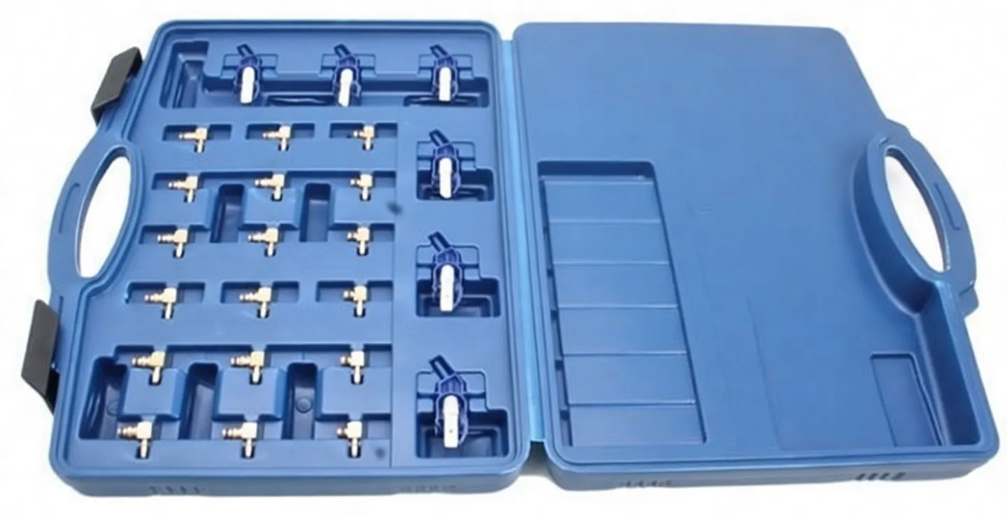 Top-down shot of blue case with brass adapter grid, six clear bottles with hoses and metal fittings, and a row of metal probe adapters