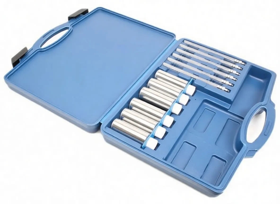 Perspective view of fuel testing kit showing brass adapters, lined metal probes, six clear bottles with tubes and metal couplers in a blue case