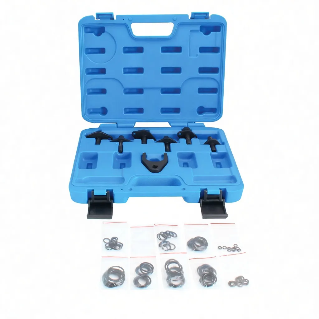 Blue open case with rows of black adapter tools inside and multiple small bags of O-rings displayed in front