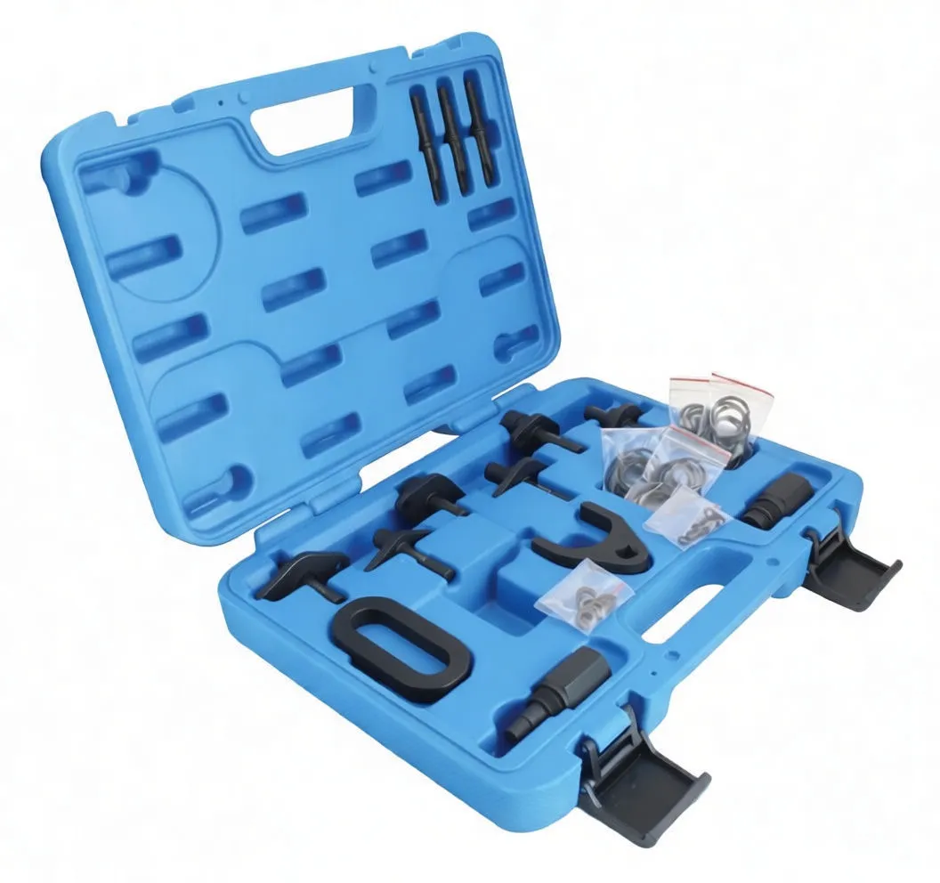 Assortment of black metal adapter tools and many grouped rubber O-rings and washers spread out on a white surface