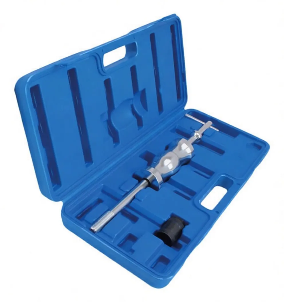 Angled shot of blue case with polished slide-hammer extractor, black C-clamp and cylindrical adapter