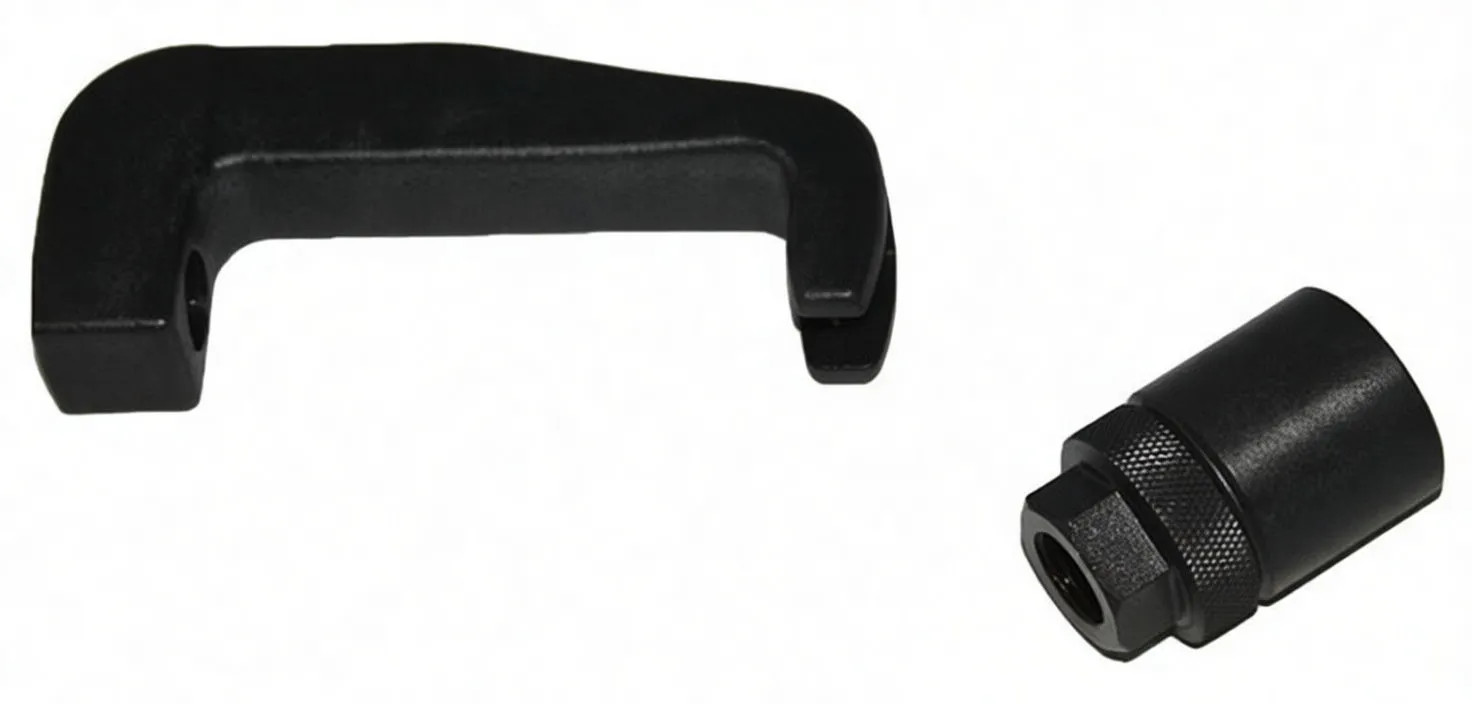 Close-up of black U-shaped clamp marked 'S' and a knurled cylindrical adapter/socket