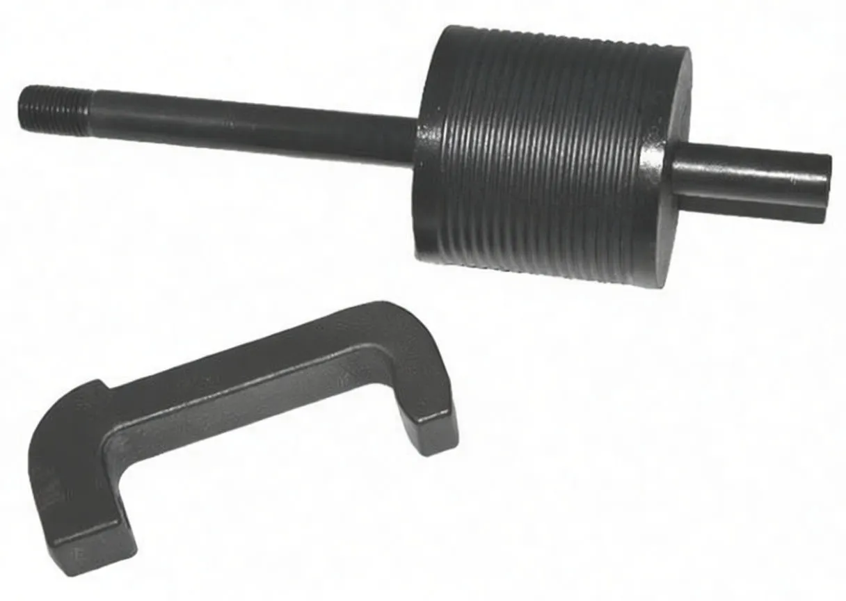 Close-up of ribbed cylindrical puller sleeve on shaft and a U-shaped bracket stamped 'saTra S-1B9'