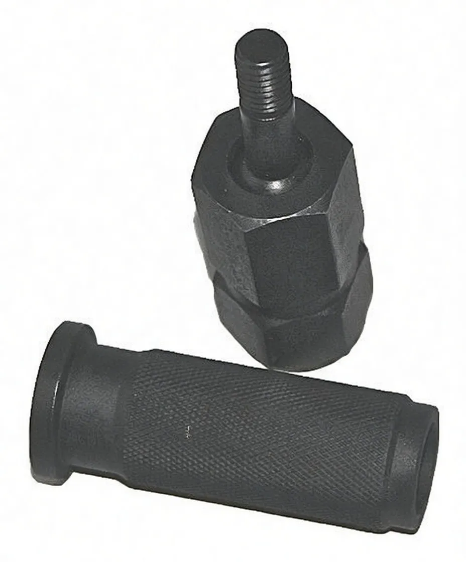 Hexagonal extractor with threaded stud and knurled cylindrical adapter marked 'S'