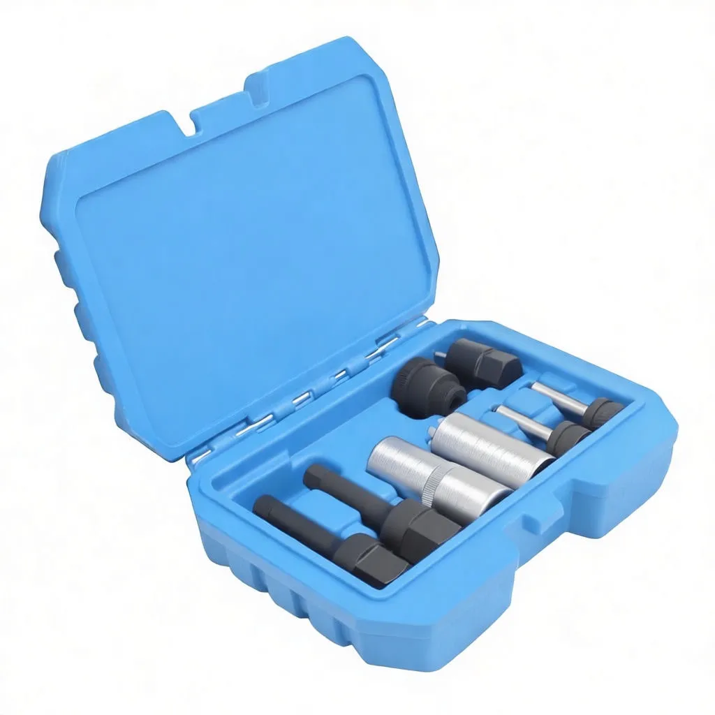 Perspective shot of open blue case containing long black adapters, two silver sockets and small pin tools