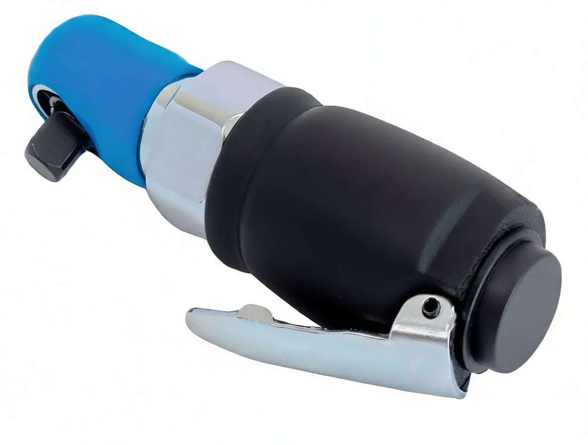 Side view of small ratchet wrench showing black grip, chrome collar, blue head opening, red rear cap and ASTA logo