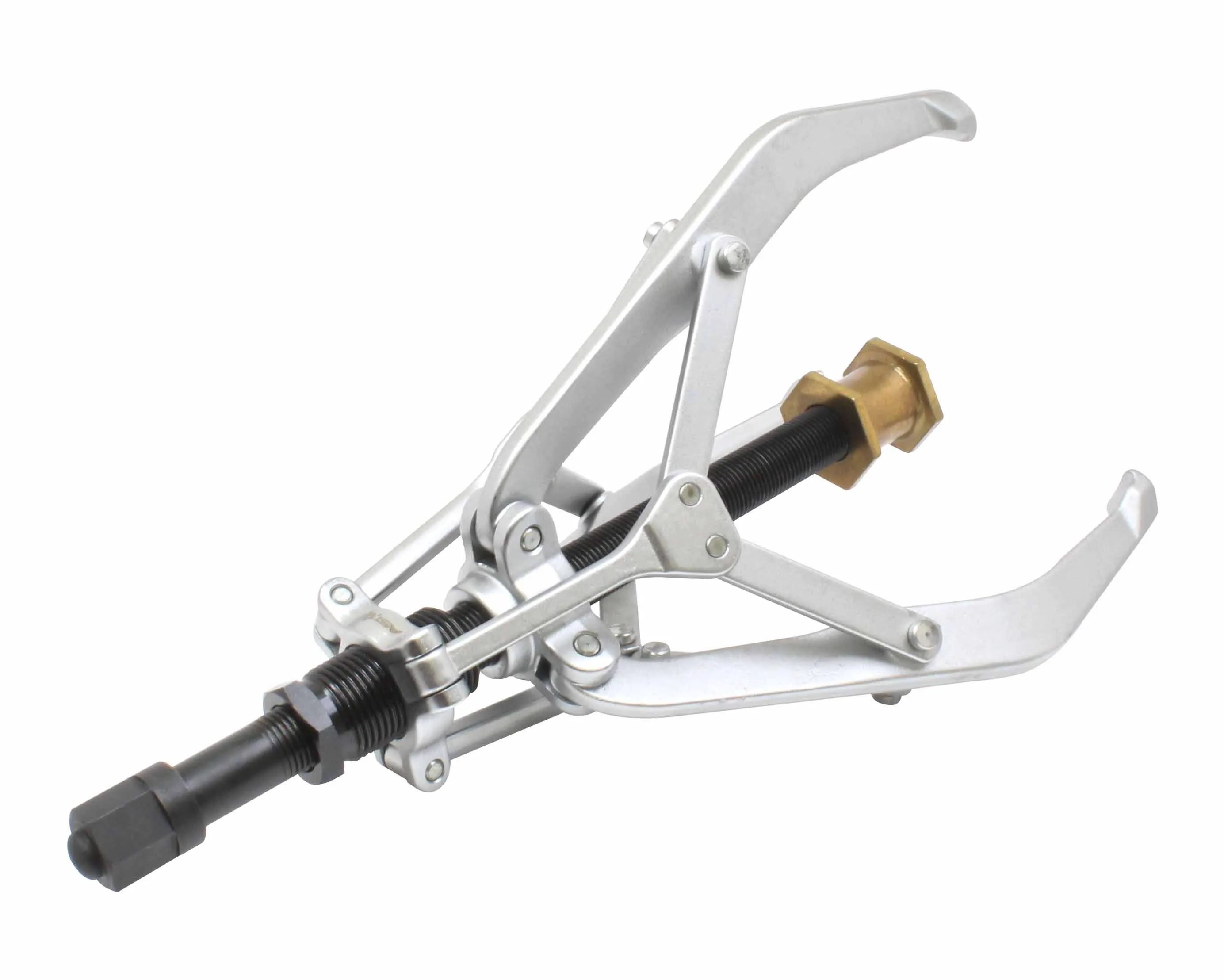 Side view of three‑arm puller showing threaded shaft, brass collar and linkage arms