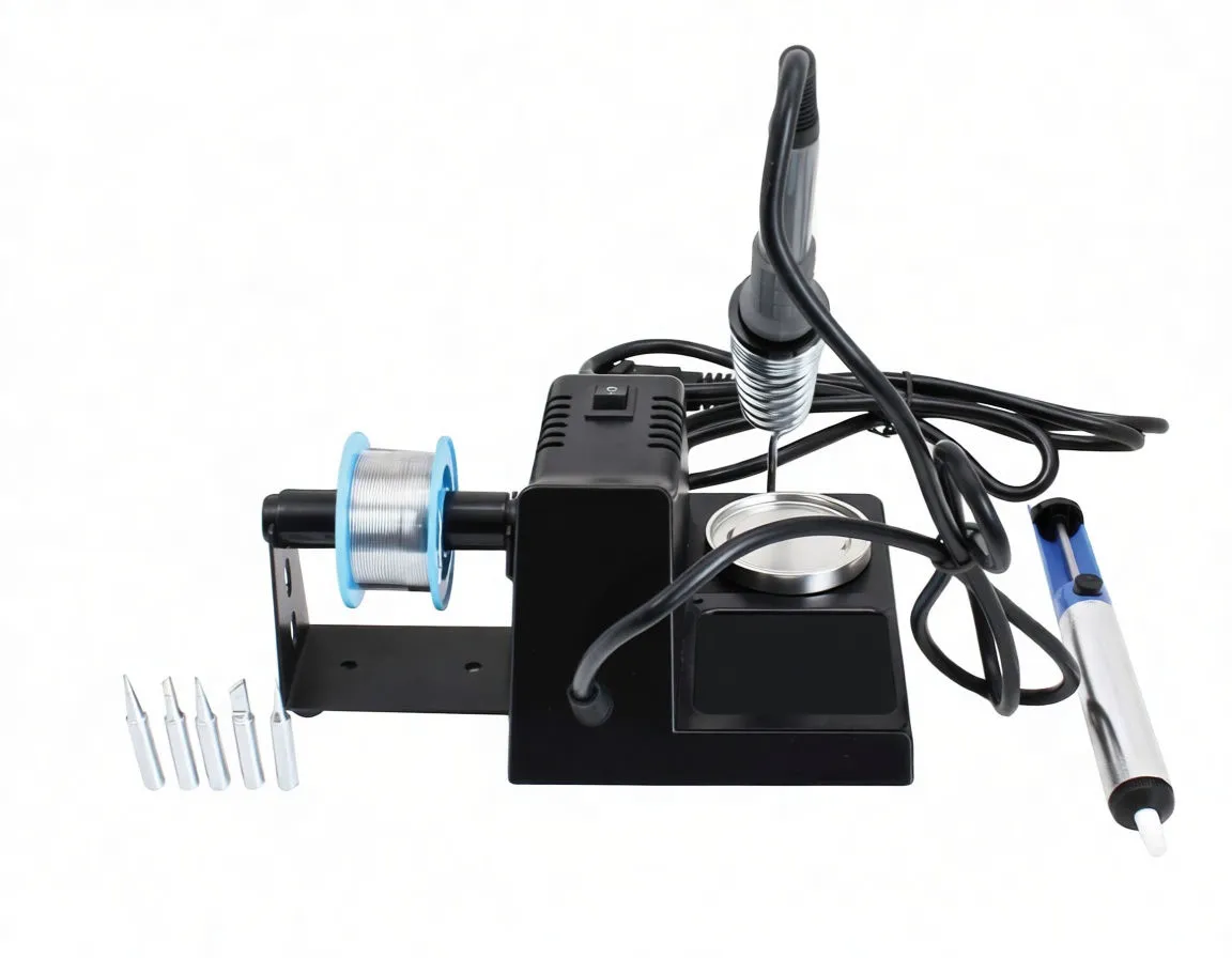 Front view of soldering station with LED display, temperature knob, spool and tips