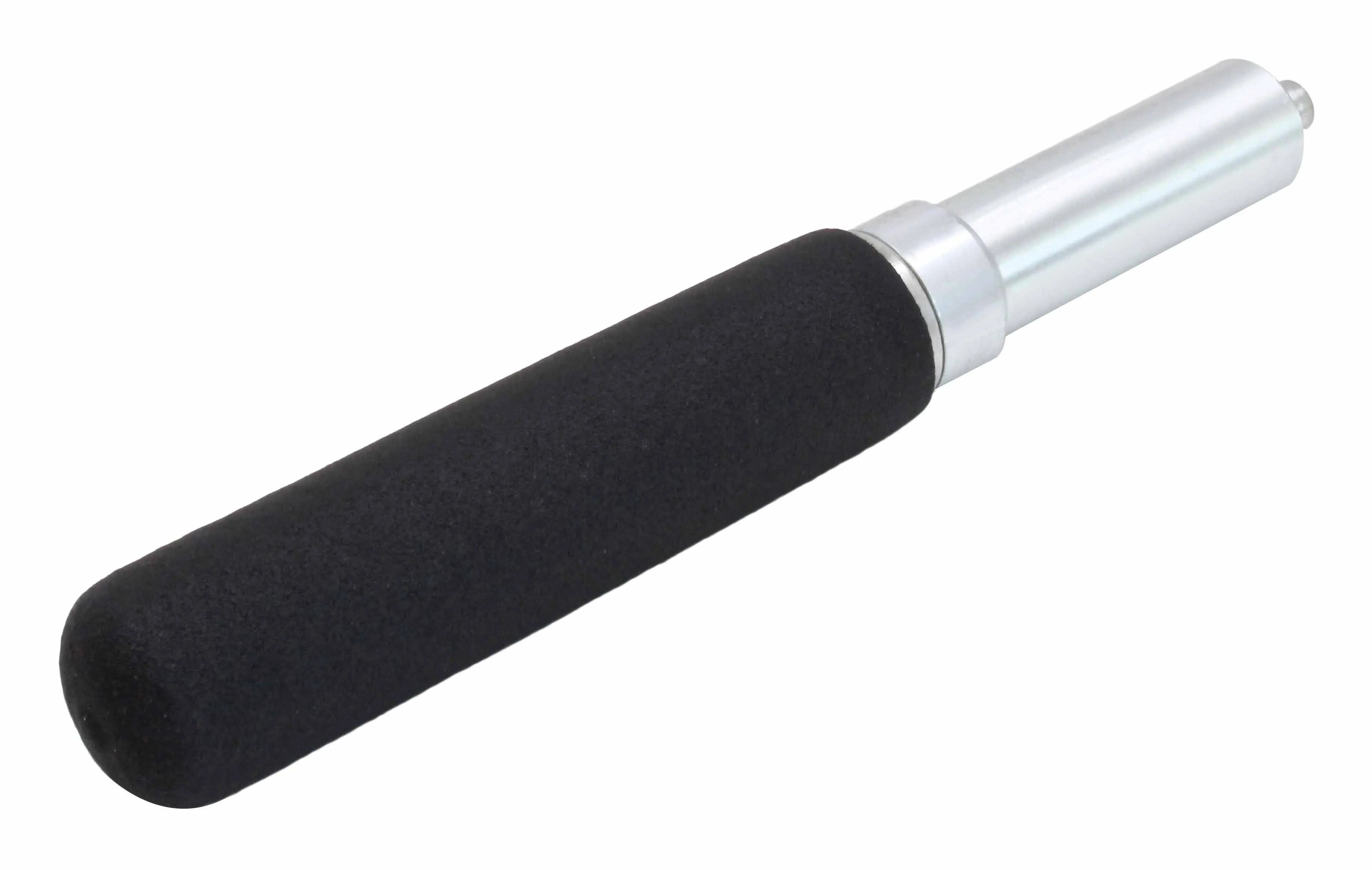 Side/oblique view of multi-valve tool showing black foam grip and silver shaft with small stud at the tip