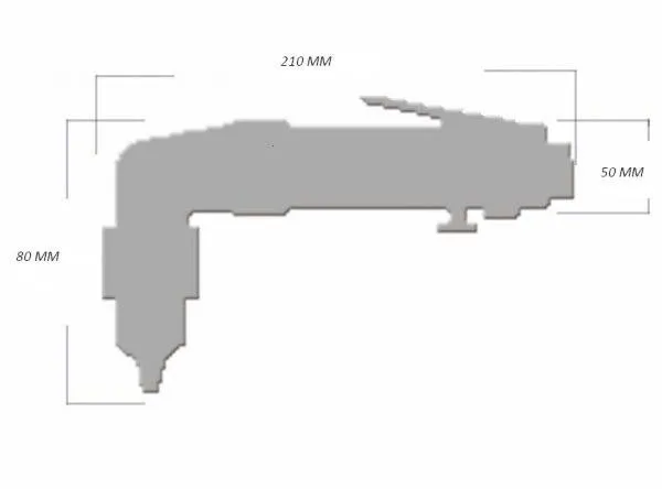 Dimensional silhouette diagram of the straight drill showing 210 mm length, 80 mm height and 50 mm front depth