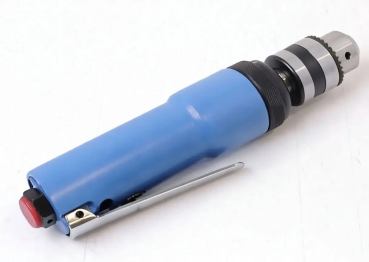 Angled view of blue pneumatic A-350 drill showing chuck, forward/reverse control, sticker and silver throttle lever