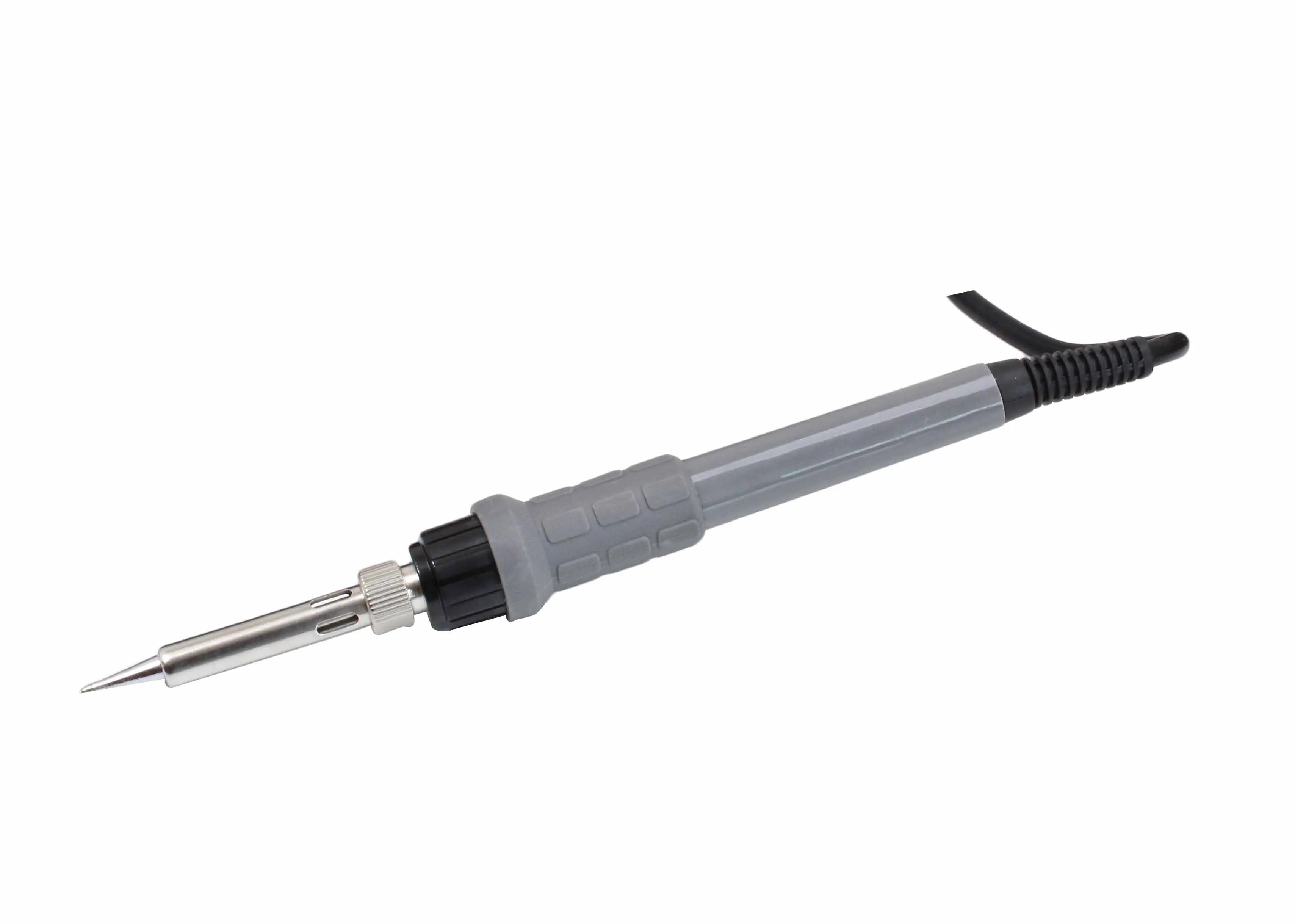 Close-up of grey-handled soldering iron with pointed tip