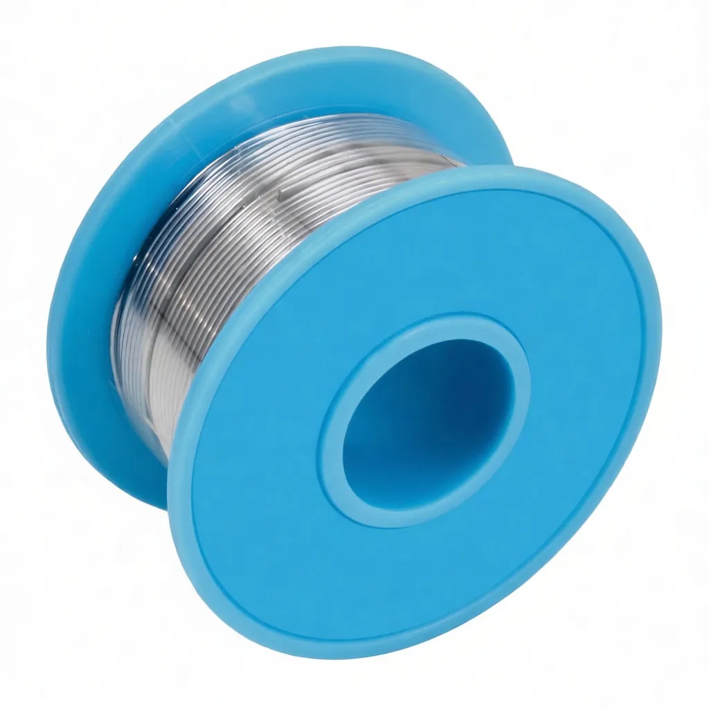Blue spool of solder wire labeled high purity with tin/lead content