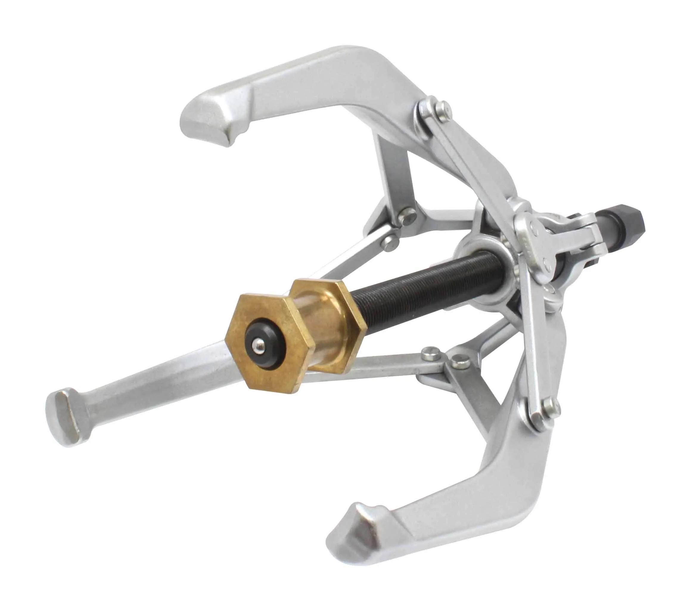 Front-side perspective of open three‑jaw puller showing hooked silver claws, brass hex tip and black threaded shaft