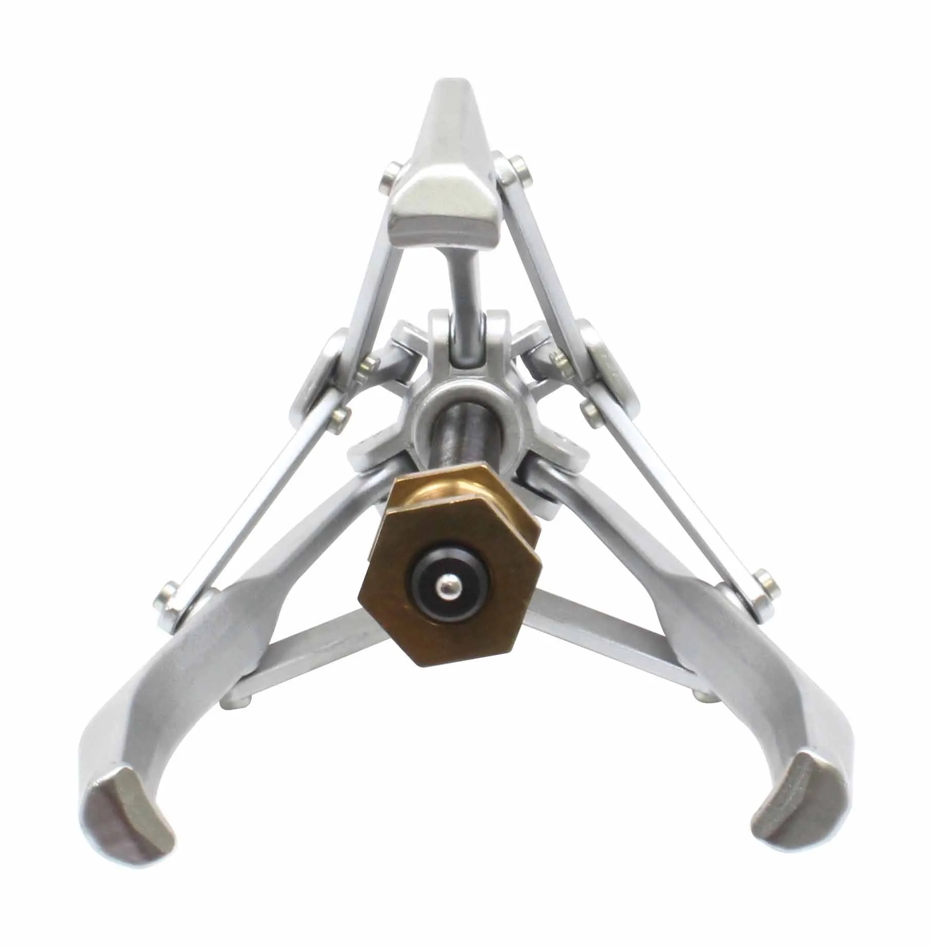 Head‑on view of three claws arranged triangularly with brass hex center and threaded rod