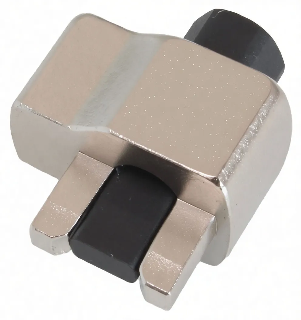 Top-angled shot of compact chrome-plated bearing separator with visible ASTA A-HL17W marking, jaws and black wedge