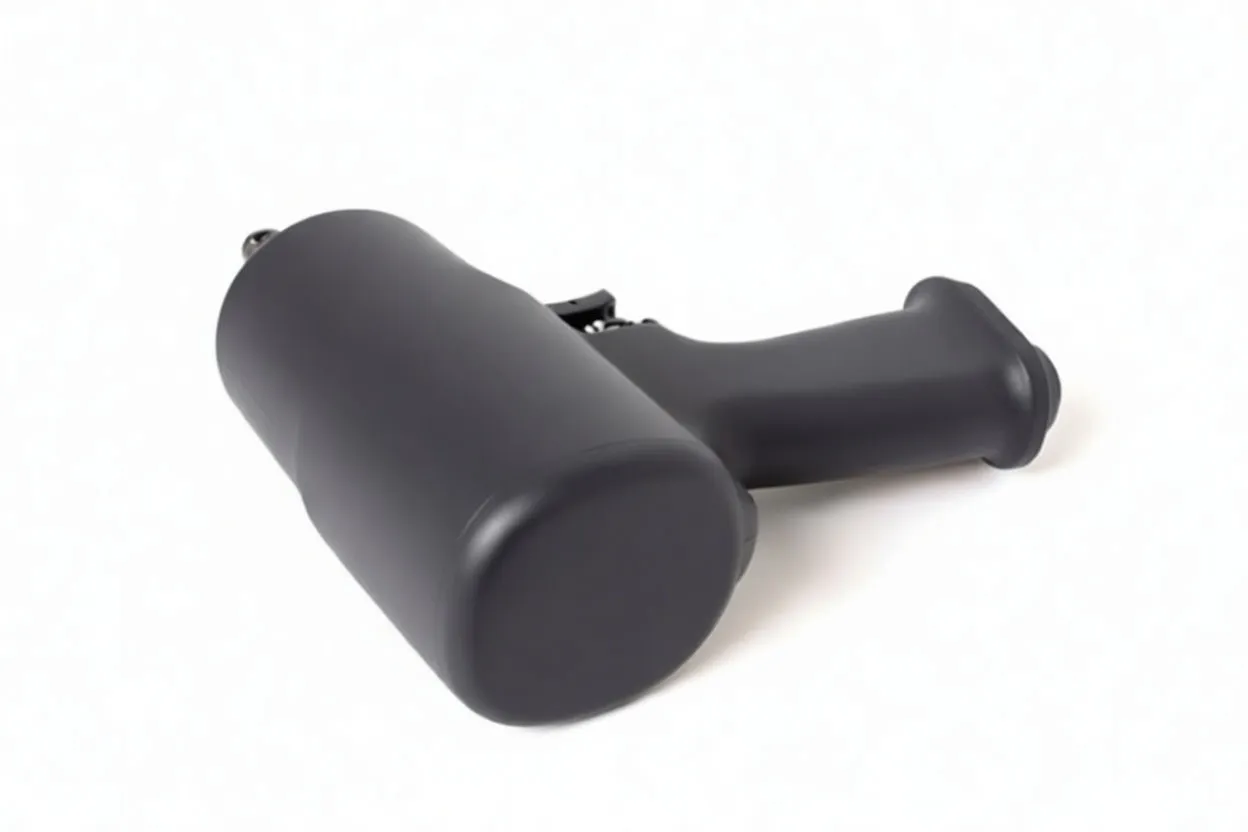 Top/rear view of composite air impact wrench showing black housing, red spec label, warning sticker and carbon-fiber front