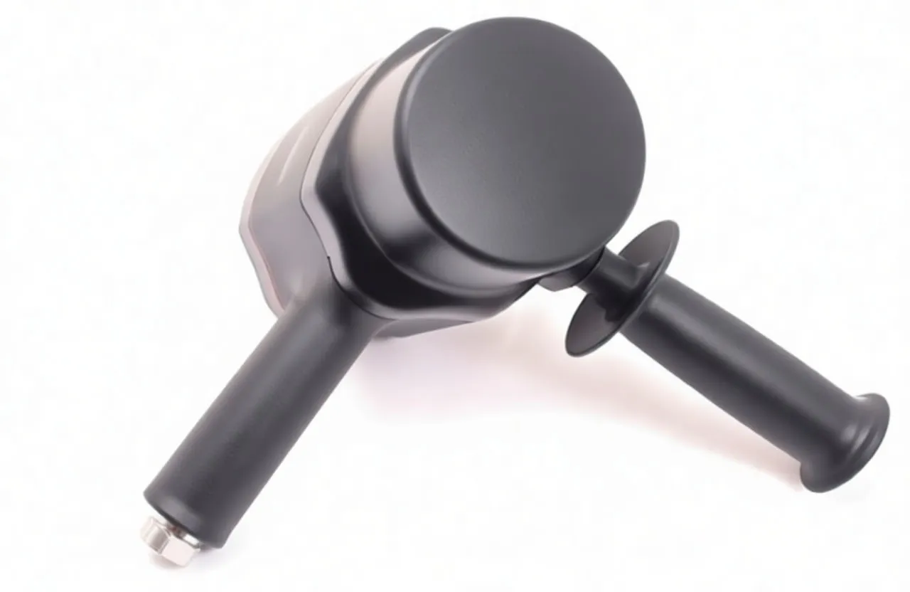 Front-angled view showing the metal square anvil, nose housing, and mounted side handle of an air impact wrench