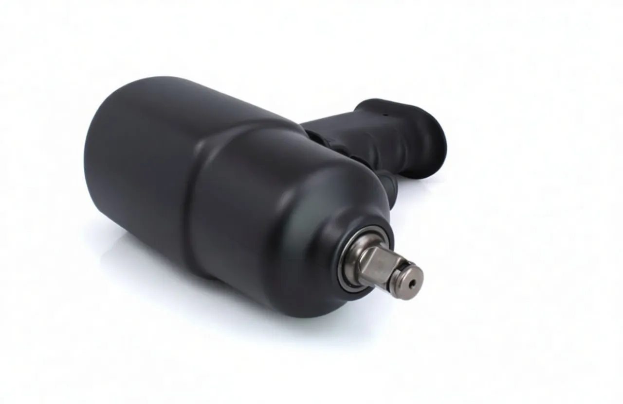 Front-close view of impact wrench showing metal 1/2 inch anvil, carbon-fiber patterned housing and warning sticker