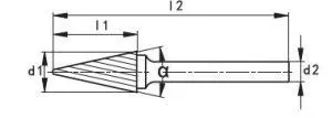 Dimensional line drawing of conical milling burr showing l1, l2, d1, d2 and G labels
