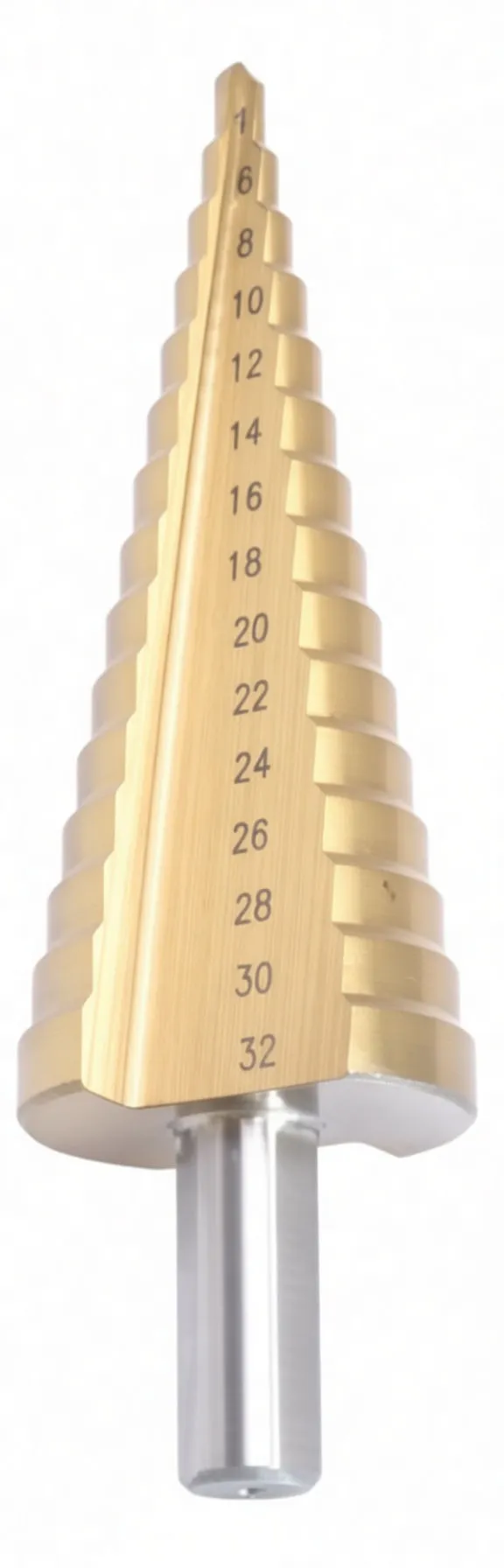Vertical view of gold step drill bit showing numbered steps (6–32 mm) and silver shank with brand printing