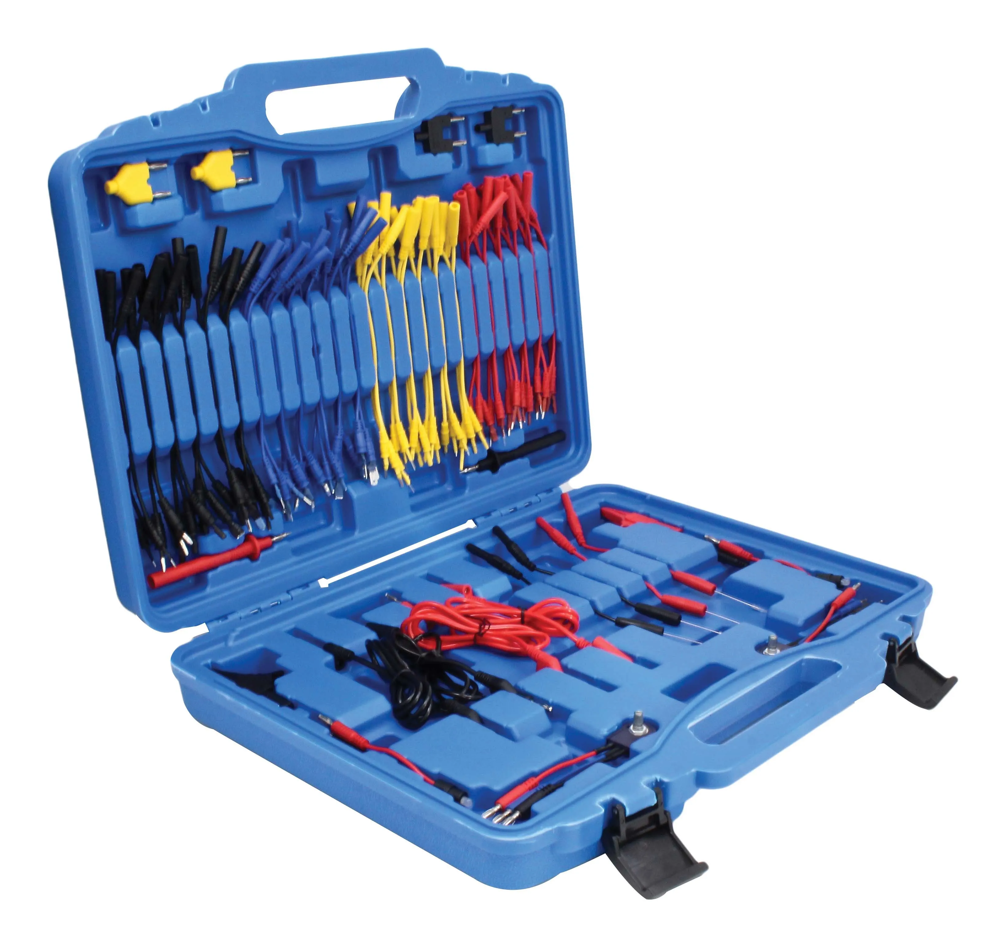 Angled view of open blue case showing organized rows of colored jumper leads, adapters and alligator clips in molded slots with latches and handle visible.