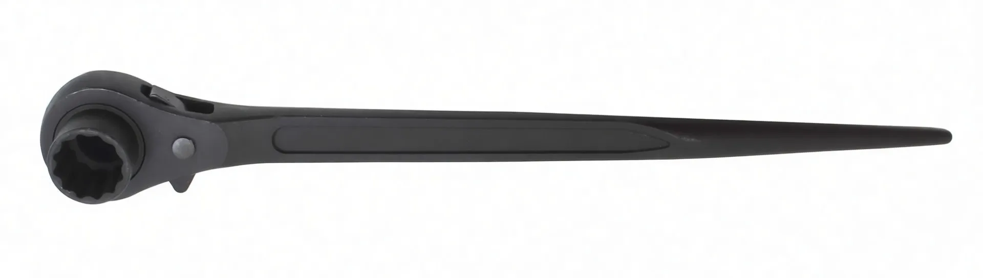 Side-angle view of a matte-black construction ratchet wrench showing 12-point head, reversing latch and long tapered handle