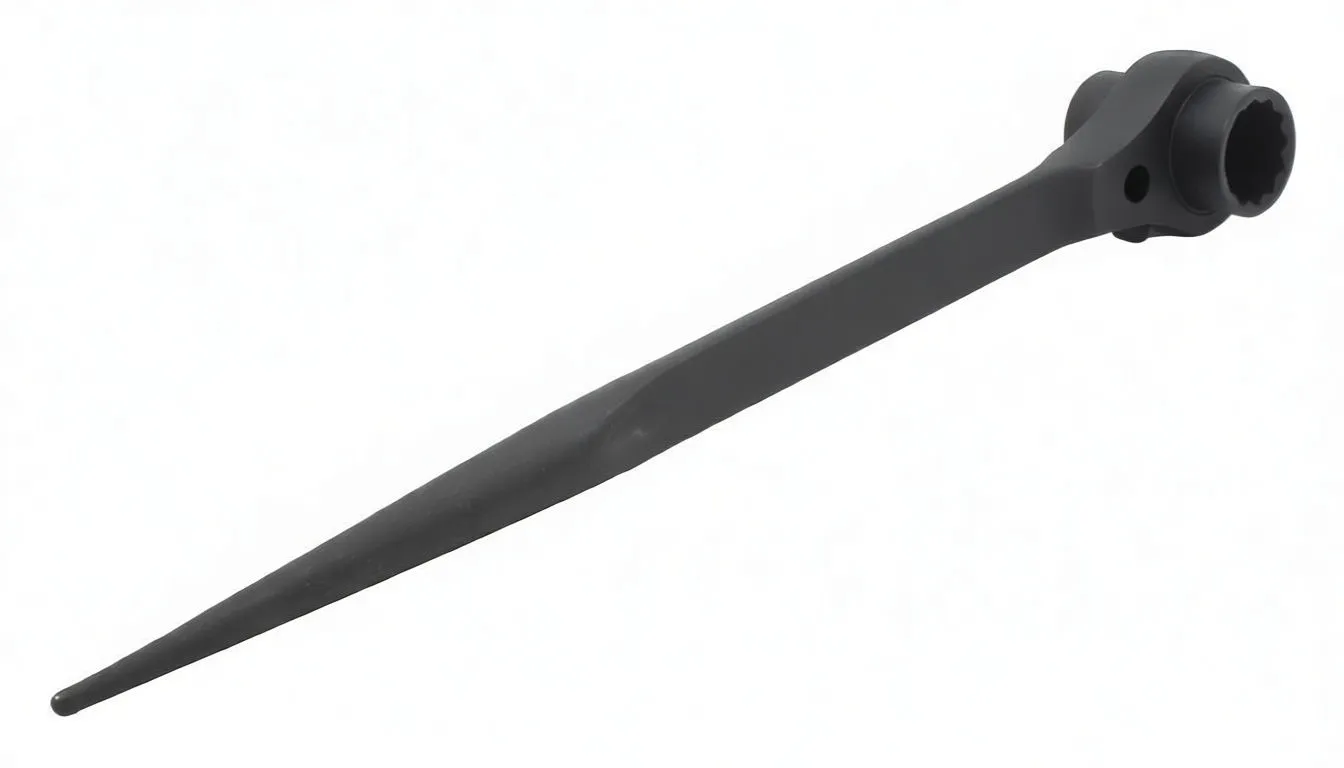 Angled view of black ratchet wrench focusing on ring head and tapered handle with size and part number markings