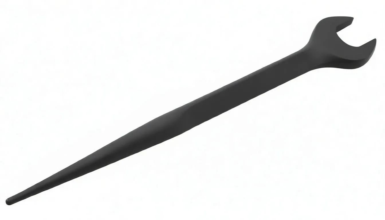 Full-length opposite-angle image of a dark metal construction ratchet wrench with pointed tapered handle and ring ratchet head