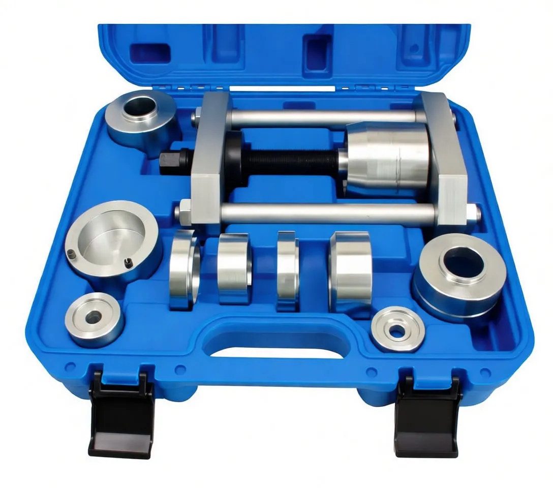 Close top view of press frame and several medium sized adapters inside a molded blue carrying case