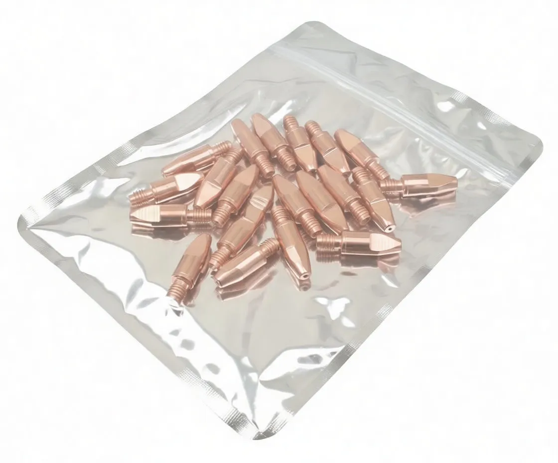 Angled view of pouch of MB25 copper welding tips with saTra label, QR code, barcode and accessories band