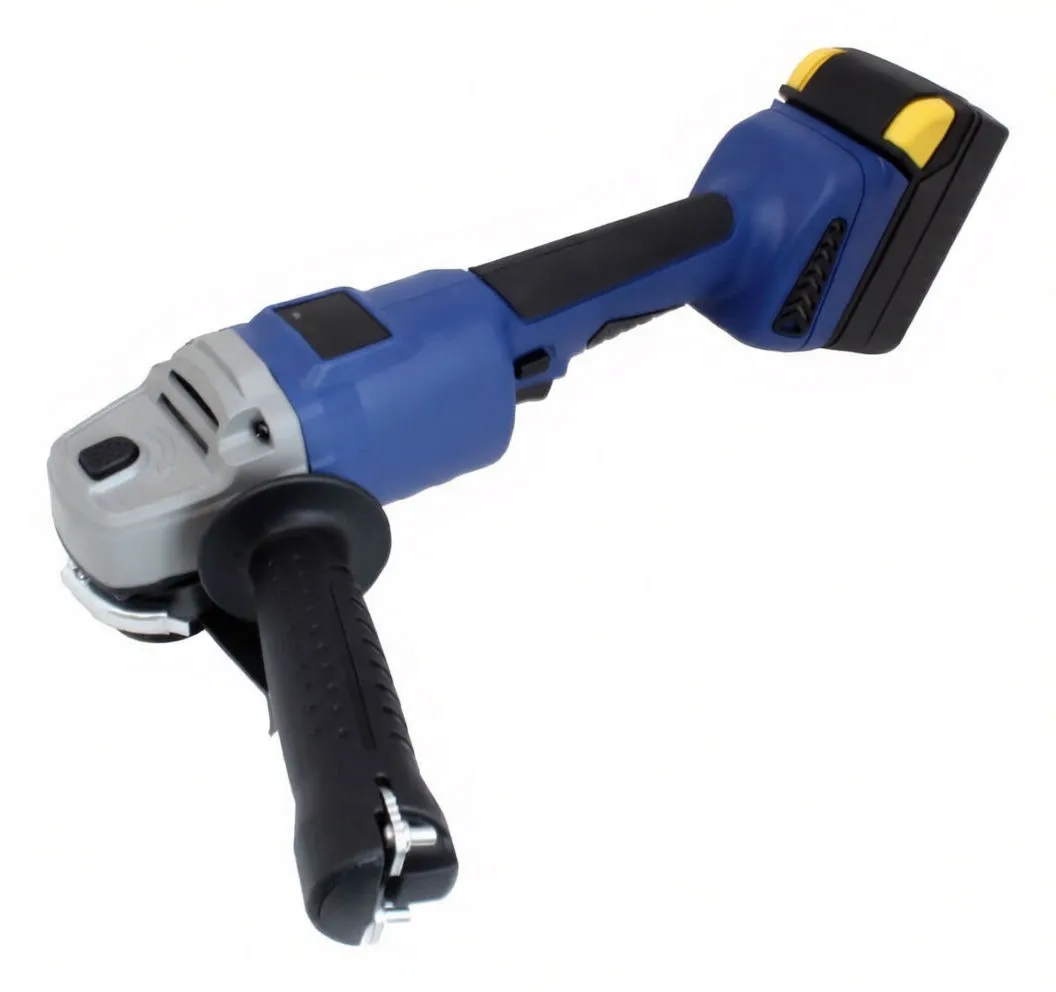 Close-up of a blue cordless angle grinder with attached battery and side handle, showing controls and ASTA logo.