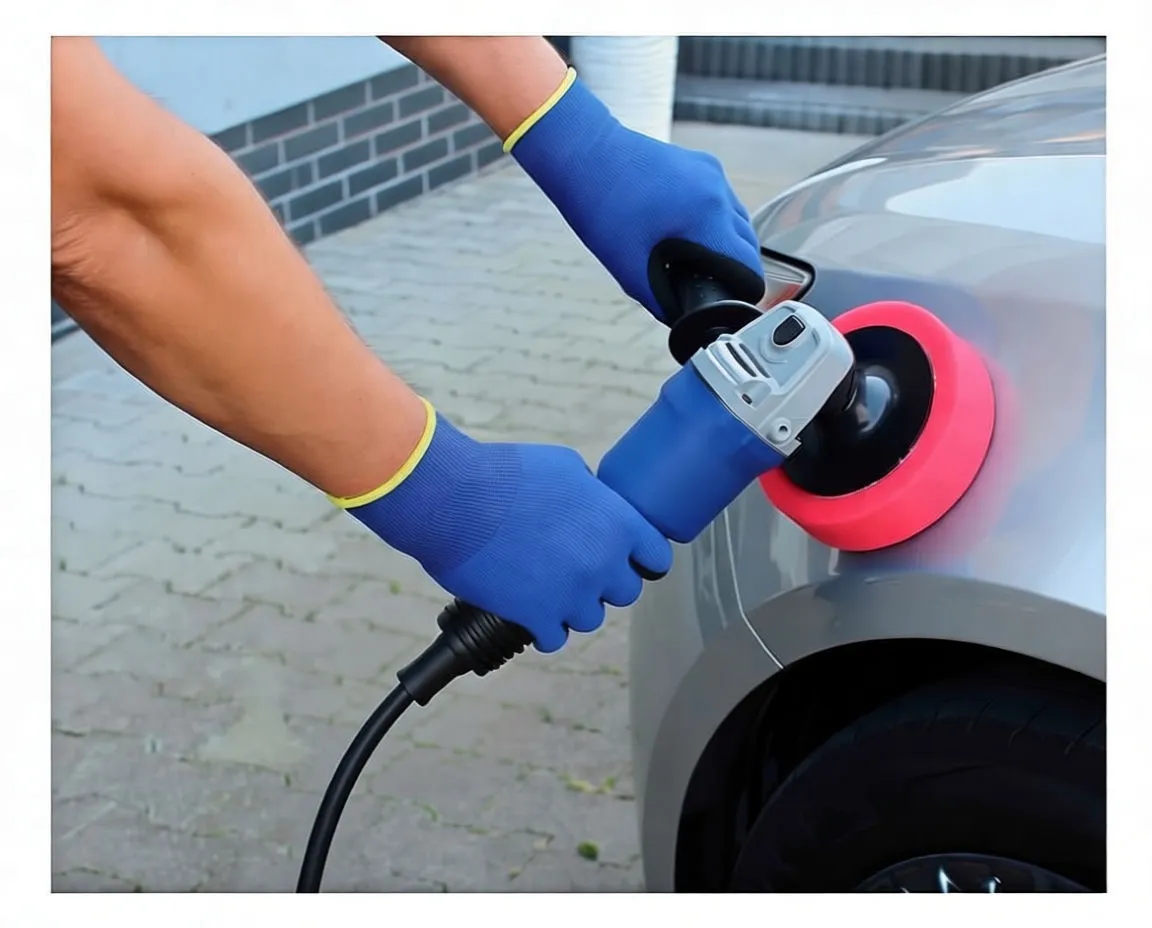 Close-up of a blue cordless angle grinder with green grinding disc cutting a small metal tube, sparks flying.