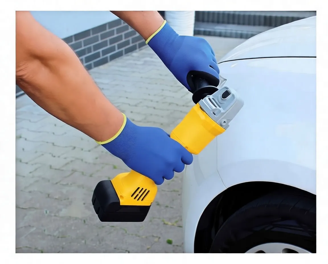 Gloved hands holding a cordless angle grinder producing sparks while grinding metal on a workbench.