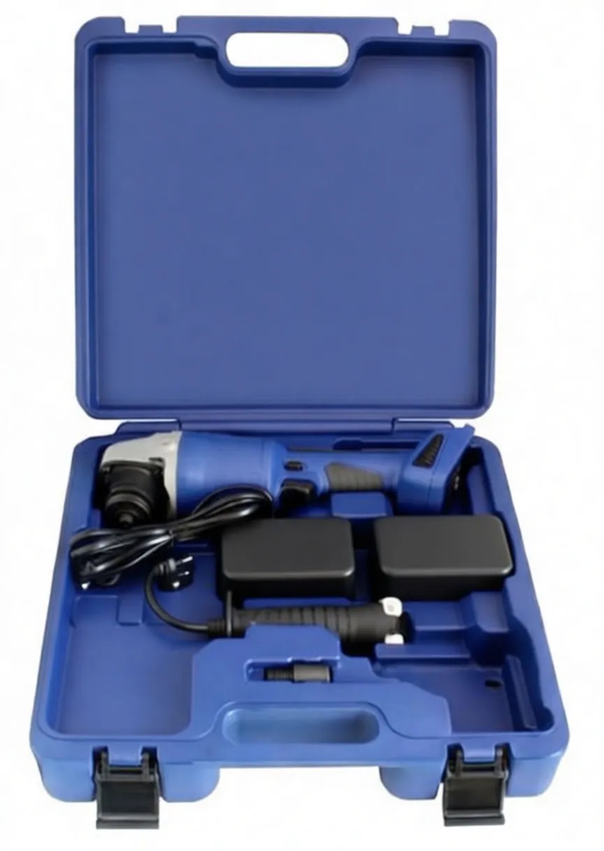 Side-angled view of an open tool case with a blue cordless angle grinder, batteries and charger inside.
