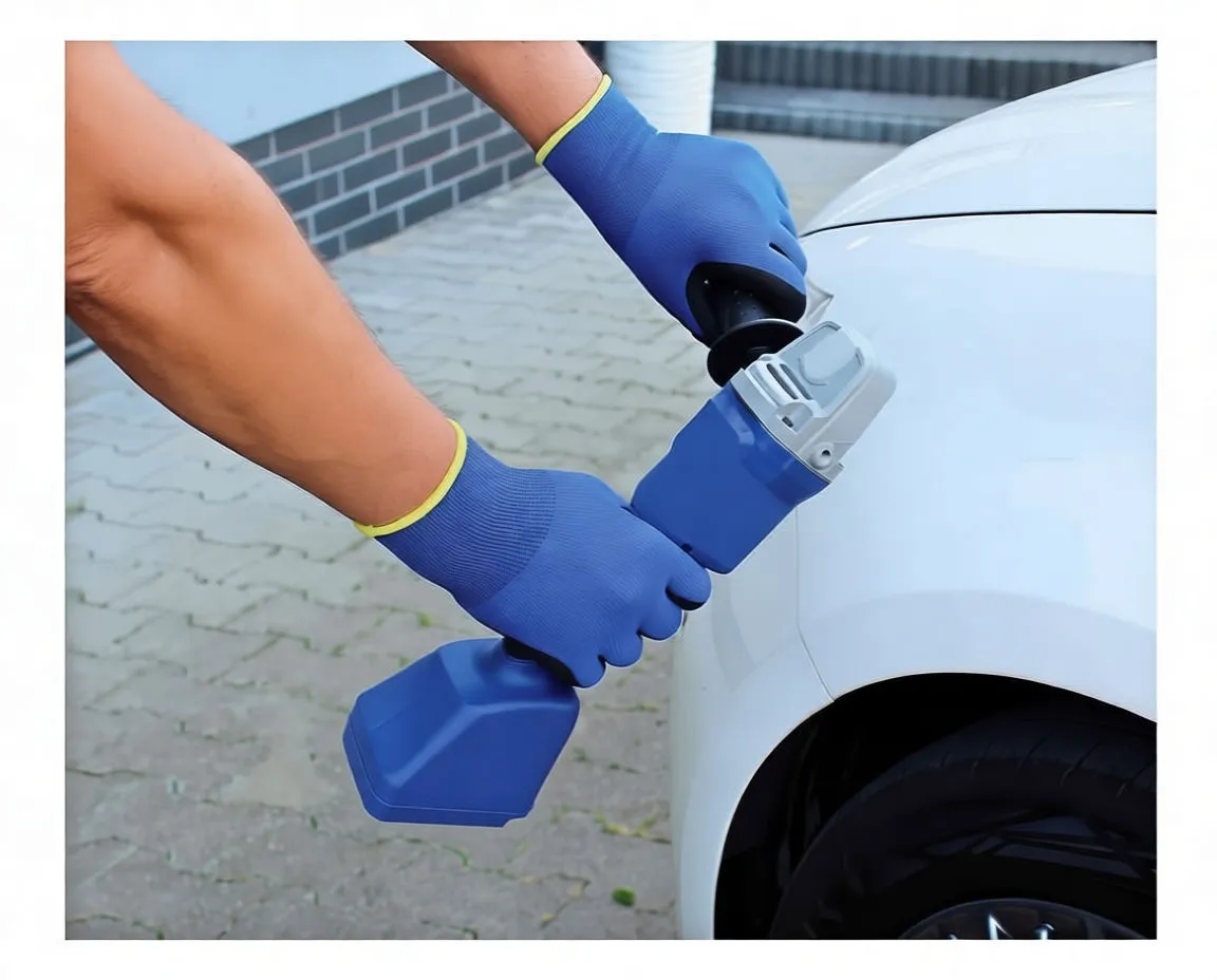Person wearing blue gloves using a cordless angle grinder with a pink polishing pad on a car fender.